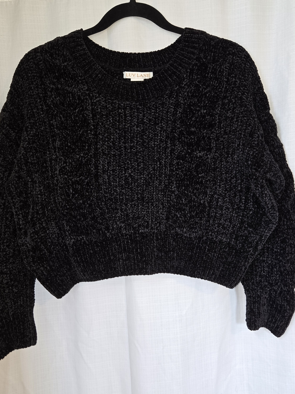 Luv Lane Women's Black Chenille Cable Crewneck Sweater